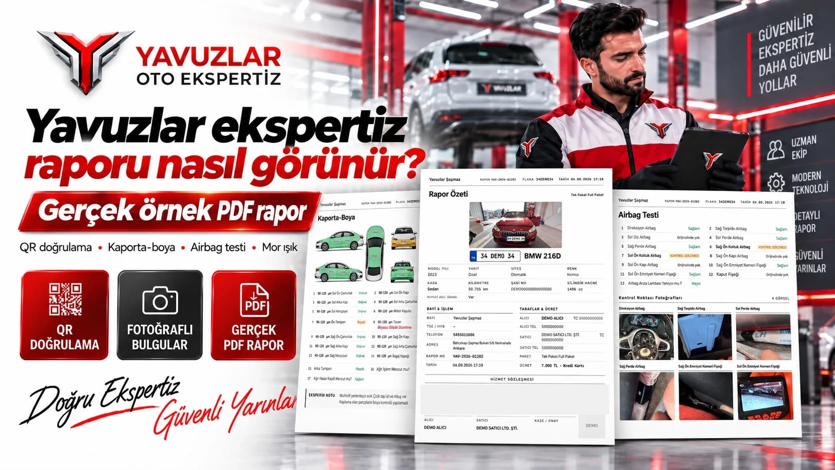 Yavuzlar ekspertiz raporu nasıl görünür? Gerçek örnek PDF rapor: QR doğrulama, kaporta-boya, airbag testi, mor ışık