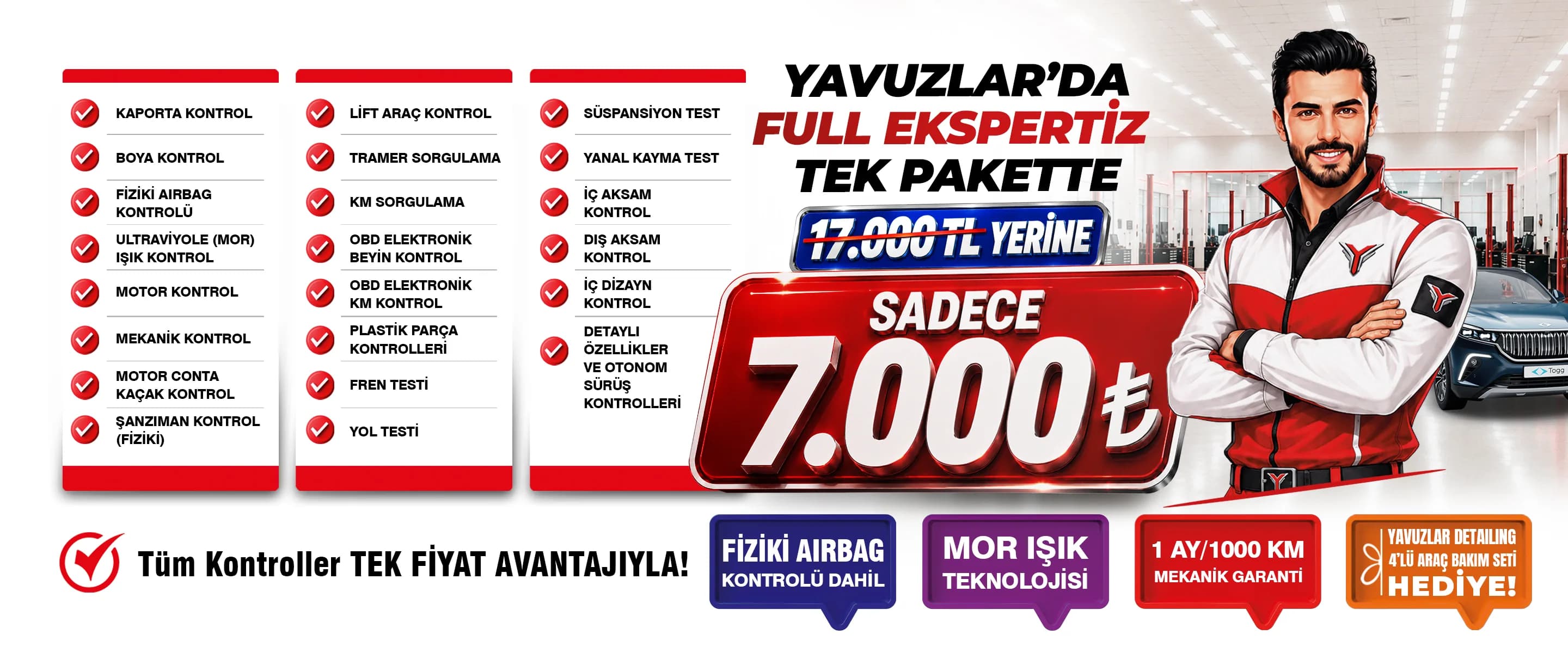 Yavuzlar Full Ekspertiz afişi — 17.000 TL yerine tek fiyat 7.000 TL, TSE belgeli, noterde geçerli rapor